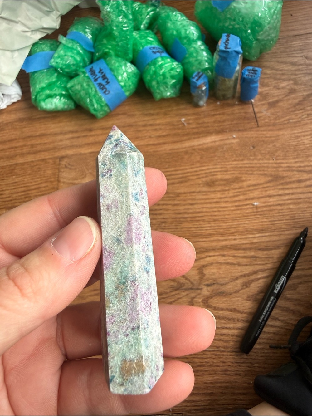 Ruby and kyanite in fuchsite crystal tower